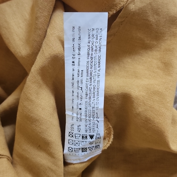 asos Pull&Bear Off Shoulder Ruffle Button Down Linen Dress in Honeycomb Gold - Picture 6 of 12